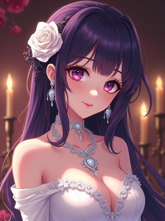 Beautiful anime-style lady with dark violet hair wears a luxurious white off-shoulder dress. Decorated with a white rose in her hair and diamond jewelry. Candlelight creates a warm atmosphere. Highly detailed with charming eyes. Masterpiece quality.