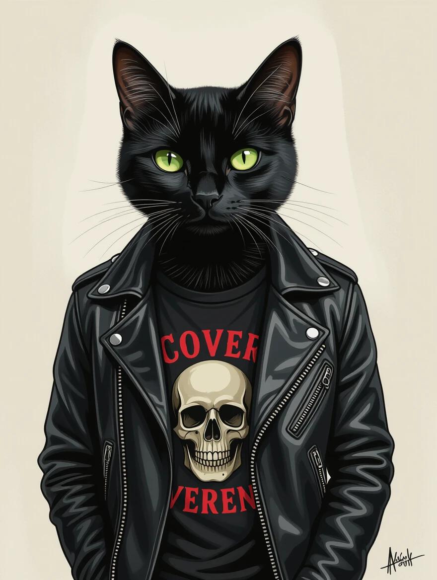 Concept art features a black cat wearing a leather jacket. The cat has bright green eyes and wears a band t-shirt. The artwork is highly detailed and showcases a painterly style.