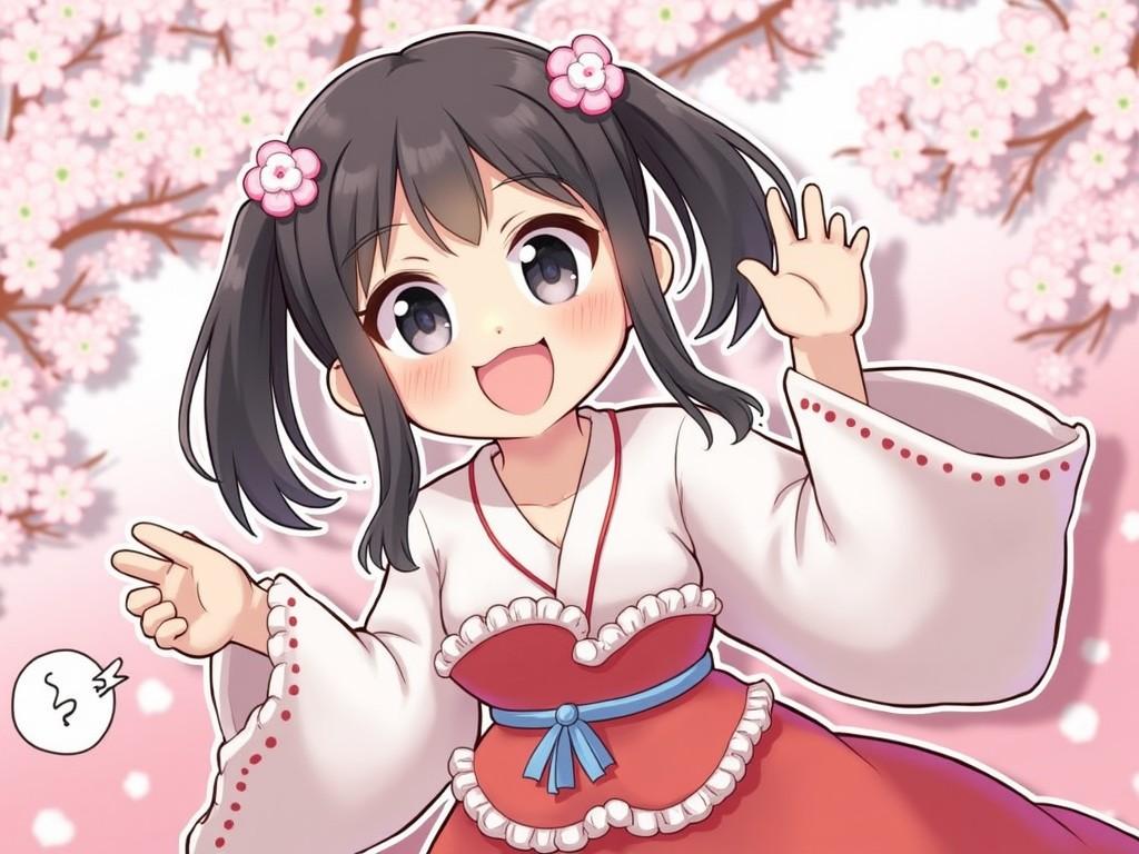 This image features an anime-style illustration of a cheerful young girl with dark hair adorned with cherry blossom accessories. She is wearing a traditional outfit in red and white, waving energetically. In the background, there are soft pastel colors of pink and white representing a cherry blossom theme, enhancing the joyful and innocent vibe of the character.