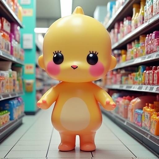 Kawaii doll resembling a dove stands in a colorful convenience store aisle. Doll features large eyes and a cheerful expression. Bright, neon colors dominate the scene. The environment feels lively and playful.