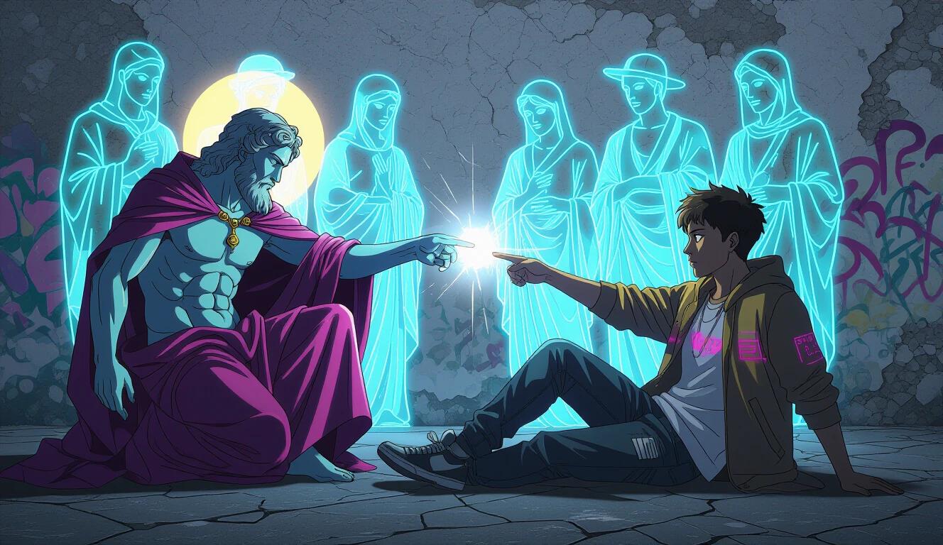Urban anime style reinterpretation of Michelangelo's Creation of Adam. God depicted as an urban figure with graffiti silhouettes. Adam in streetwear reclining on concrete. Both characters reaching out but pulling hands away, showing denial. Faces showing emotional distance. Empty space highlighted with neon lighting. Background combines urban decay with classical textures. Clear lineart, smooth cel shading, vibrant moody colors. Dynamic composition, studio quality.
