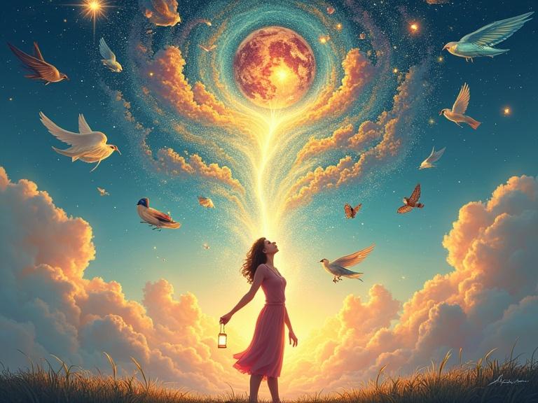 A visionary illustration of a woman in midlife standing with closed eyes in a vibrant sky. Surrounding her are floating images symbolizing her dreams and aspirations. Below is a blank canvas showing sketches of her future. She holds a lantern and a compass, embodying hope and personal authenticity. Words like 'vision', 'possibility' are in the sky, alongside a banner saying 'I Dare to Dream. I Choose to Become.'