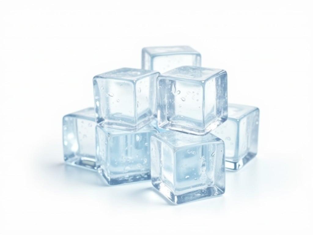 The image depicts a collection of ice cubes piled together. They are clear and shiny, showcasing a variety of shapes and sizes. The background is white, which helps the ice cubes stand out prominently. Some of the ice cubes are partially melted, creating small droplets of water on their surfaces. The scene gives a refreshing feeling, ideal for cooling drinks or desserts.