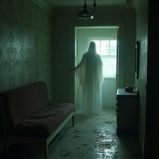 Ghostly figure in white stands in an old hotel corridor. Dimly lit space. Vintage decor in background. Light shines from an open door.