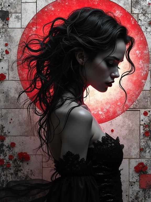 Dark red silhouette highlights a young Gothic woman's profile. Detailed tile and glass mosaic backdrop enhances ethereal quality. Composition evokes mystery and intrigue.