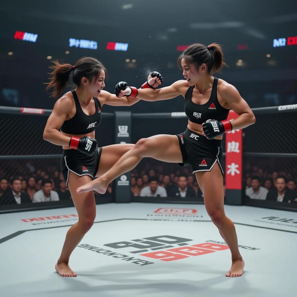 Point of view from a mixed martial arts fight. Two female fighters engage in a bout. One is kicking the viewer. Both wearing MMA gear and barefoot.