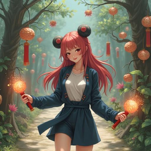 Asian female youth model standing on a forest path. Holding glowing orbs with festive decorations around her. Beautiful, magical atmosphere.