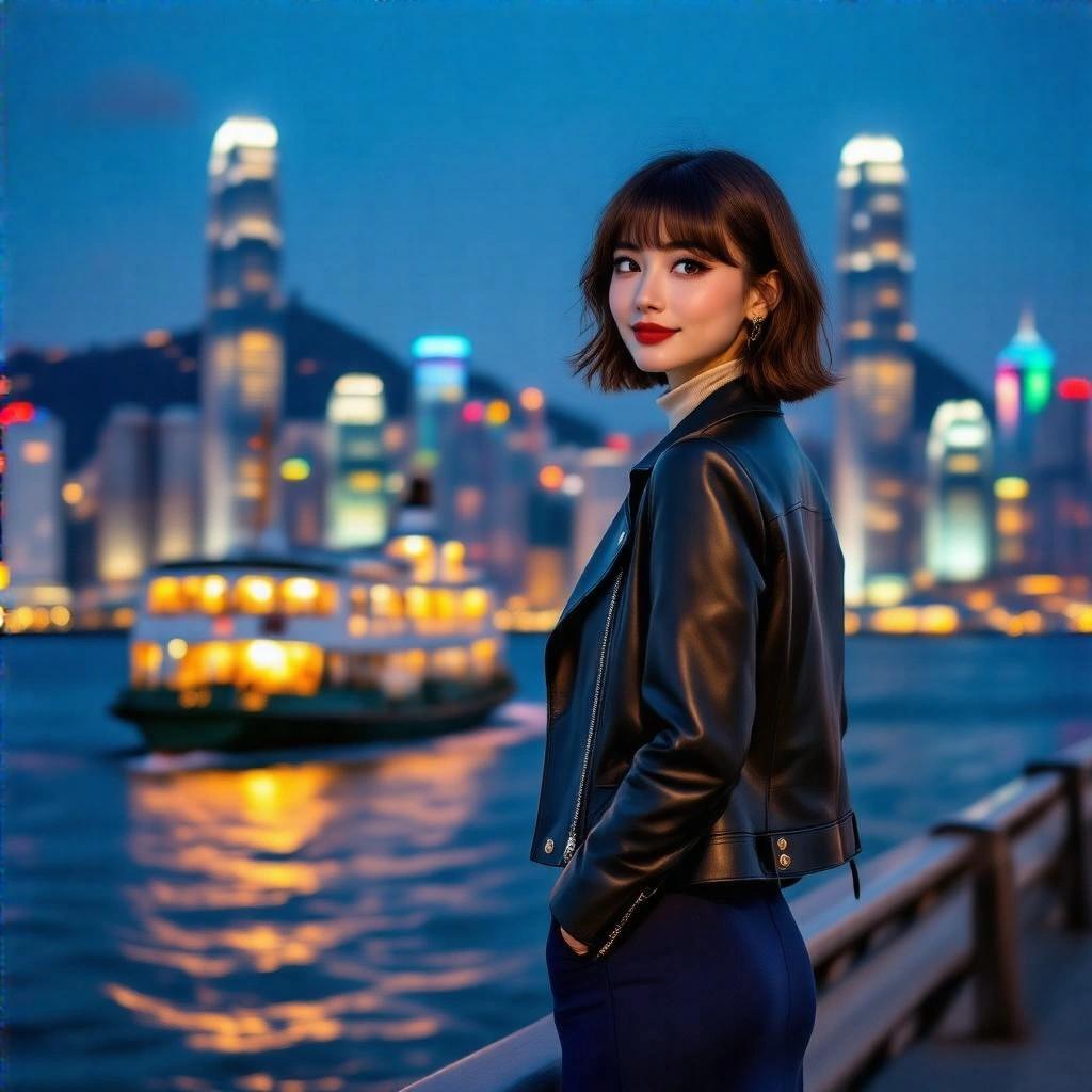 Image of an elegant office lady smiling over her shoulder in a city pier at night. She wears a champagne turtleneck shirt, dark blue pencil skirt, leather jacket, and tall stiletto boots. A ferry passes by with colorful skyline in the background.