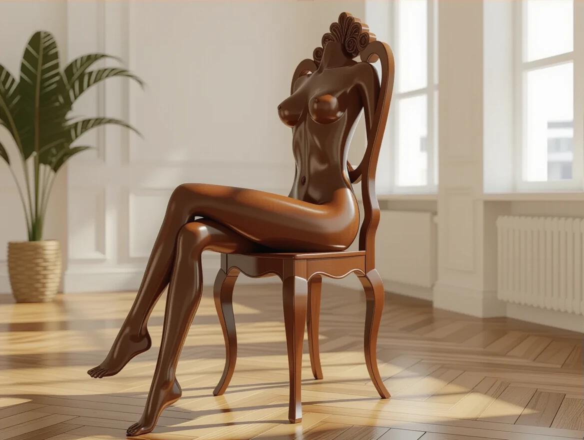 A luxurious modern wooden dining chair crafted as a 3D nude woman body. The chair has open legs with woman legs and arms as chair legs. The woman's body serves as the back of the chair. The design is sleek and smooth, made of gleaming mahogany wood.
