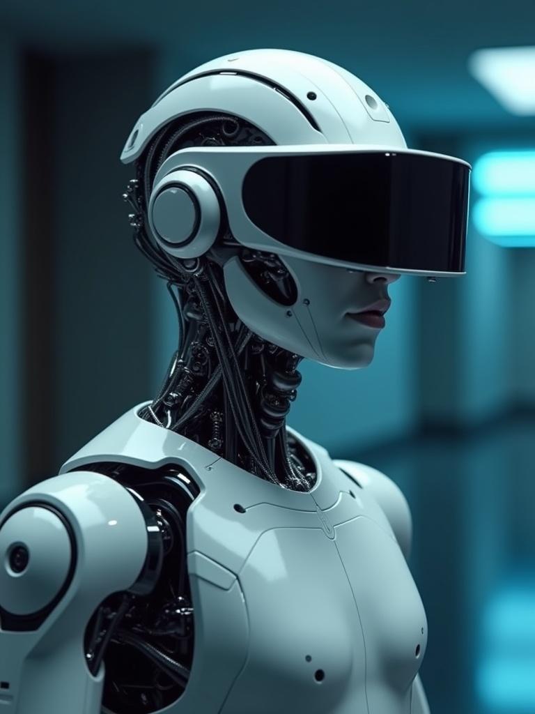 Futuristic humanoid robot with sleek VR headset. Smooth metallic surfaces with intricate mechanical details. Dimly lit room featuring soft blue lighting.