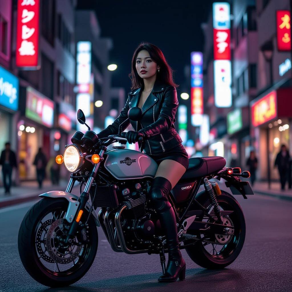 A Japanese woman rides a motorcycle while wearing a stylish leather outfit with a short skirt. It is a vibrant night scene in a city filled with neon lights. The atmosphere is lively and modern.
