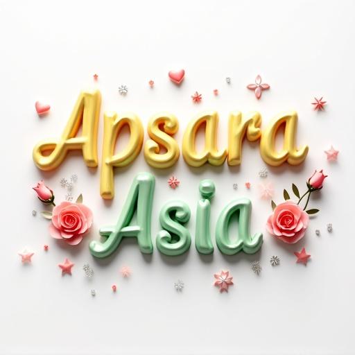3D rendered name Apsara Asia in calligraphy style. Shiny gradient colors of light yellow and light green. Surrounded by floral patterns and heart motifs. Misty peacock fairy wings add depth. Miniature red roses scattered around. Sparkling silver pink stars. Positioned on a clean white backdrop with soft diffused lighting highlighting details.