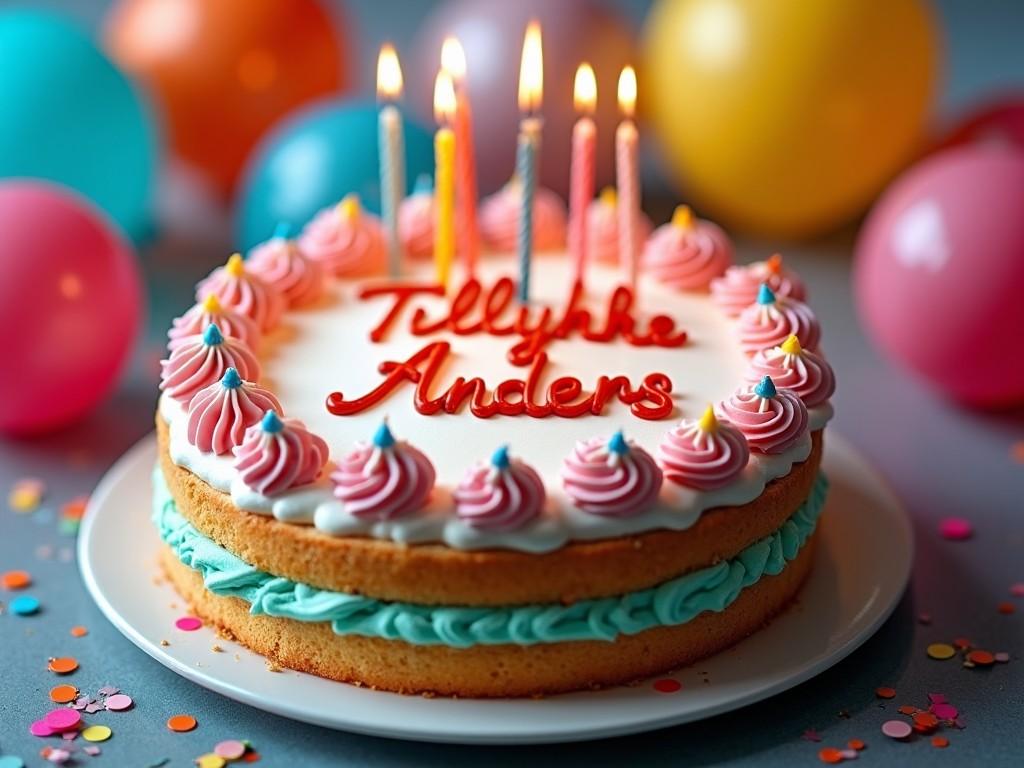 This image features a beautifully decorated birthday cake with multiple candles lit on top. The cake has a light-colored frosting with bright pink swirls and a blue base. Colorful balloons and confetti add to the festive atmosphere. The name 'Tellykke Anders' is prominently displayed in red icing on the cake. The setting is suitable for a joyful birthday celebration or party atmosphere.