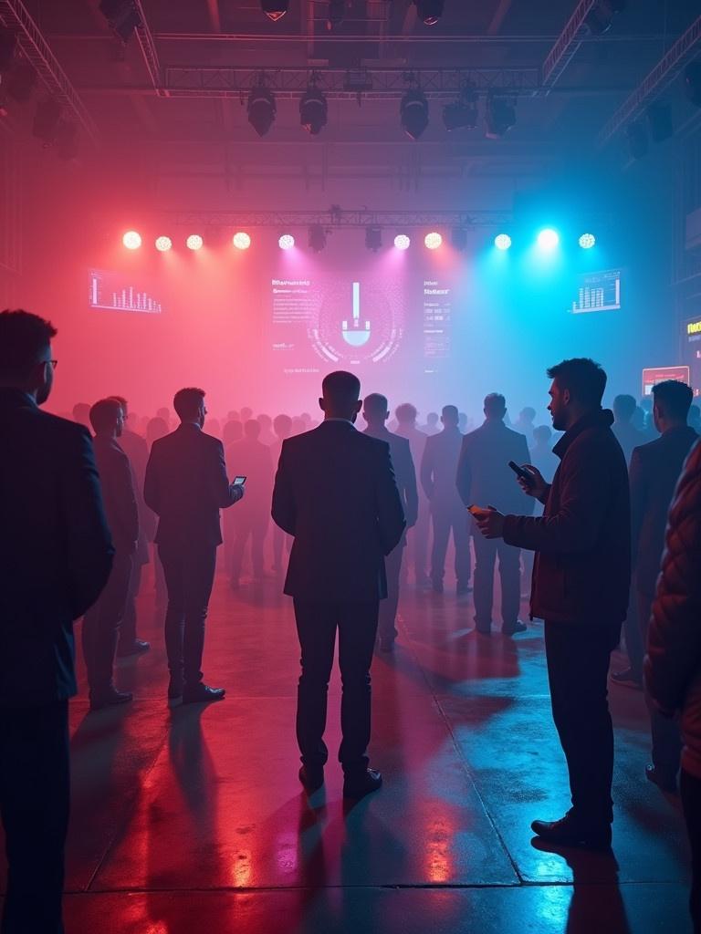 Background image for a professional event featuring an audience in a modern venue. Attention on networking atmosphere with colorful lighting in red and blue. Silhouetted figures create a sense of engagement and anticipation.