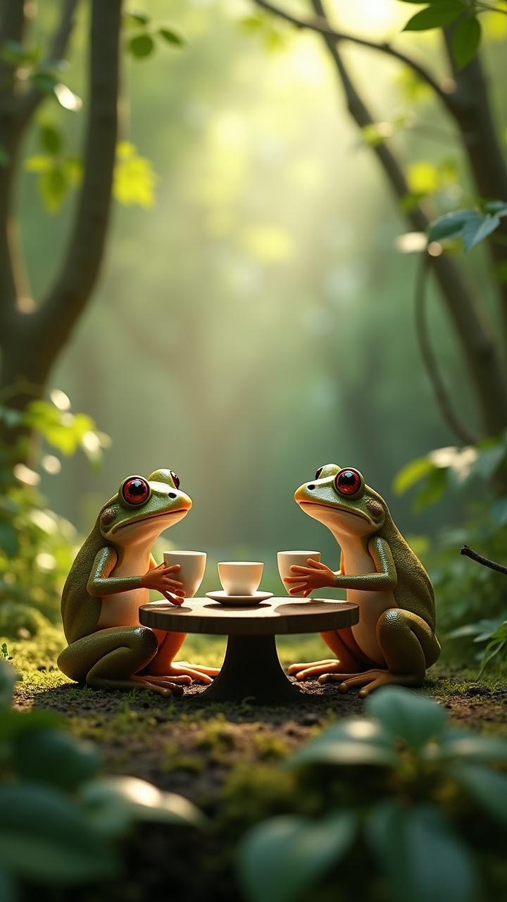 Two frogs having tea at a small table in a forest, with soft sunlight filtering through the leaves.