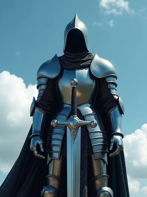 Dramatic low-angle shot of a towering knight. Knight wears polished dark steel armor. Hood covered head. Flowing cape made of shimmering material. No visible face. Large sword held vertically. Background is clear blue sky with clouds. Intense sunlight highlights details. Heroic and mystical atmosphere.