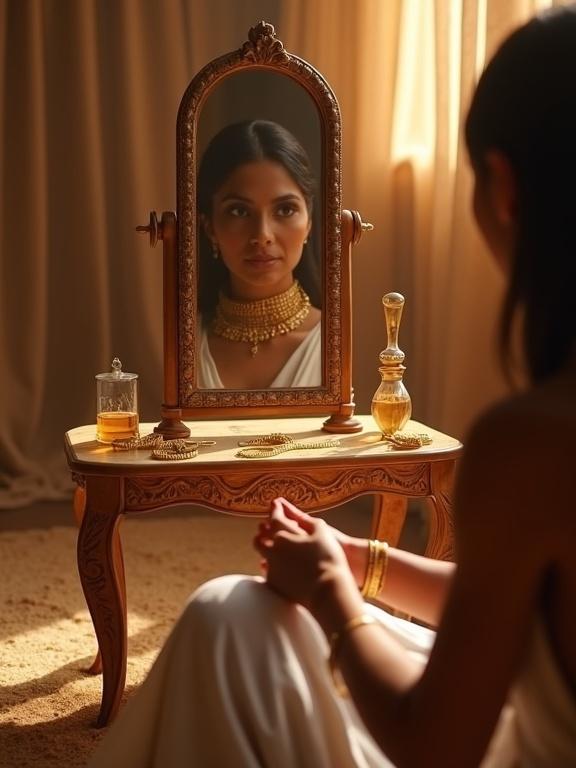 Sitting on a low bench in an Egyptian dressing room. Hands on lap, wrists upward. A servant slides golden bangles onto wrist. Another pair of hands ties a necklace at the neck. Polished copper mirror in view on a carved ivory table. Focused face visible in the mirror with kohl-lined eyes and a golden collar. Table covered in perfume bottles and rings. Silk curtains sway behind in warm morning light.