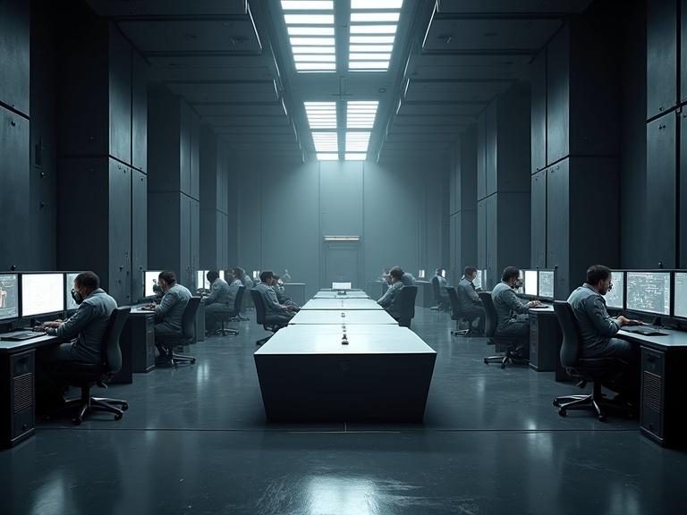 Interior of a sci-fi command center with a sleek black design. Shows dark atmospheric features with a central strategy table and bright computer monitors. Military personnel in grey uniforms are working at desks. Dim lighting with bright ceiling spots creates a dramatic effect.