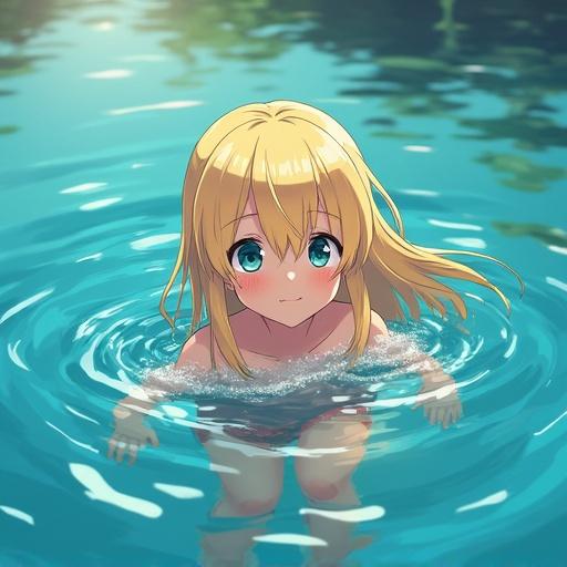 Anime style artwork featuring a blonde girl swimming in a serene lake surrounded by soft blue water