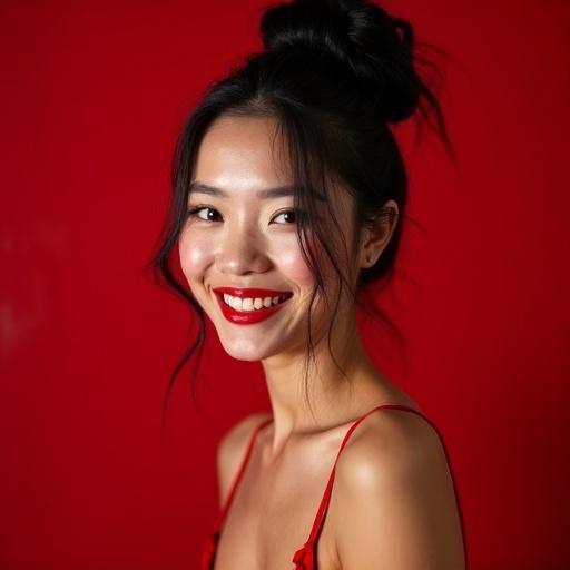 A beautiful young Asian woman with a big hair bun is smiling in a red room