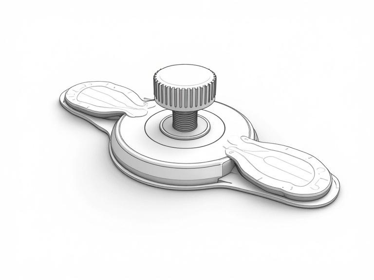 Ultra-high-resolution black and white technical patent illustration of a medical wound closure device. Central mechanism unit shown with smooth body and textured knob. Two flexible adhesive side pads depicted on each side, designed for skin adherence. Clear, detailed view of assembly, with precise lines and minimal hatching. Immaculate background, suitable for patent documentation.