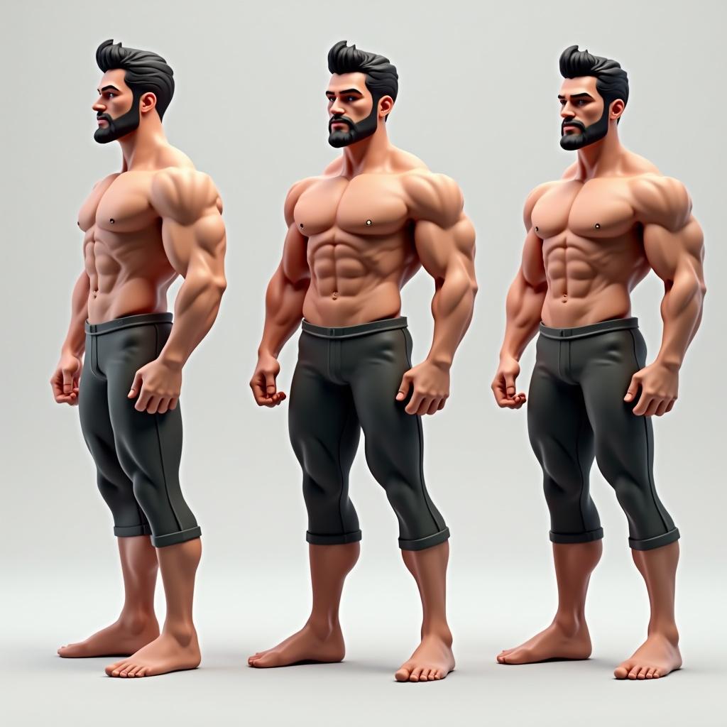 Hyper-realistic 3D model of muscular male figure. Standing pose with defined abs and chest. Short dark hair and neatly trimmed beard. Confident expression. Multiple poses side by side.