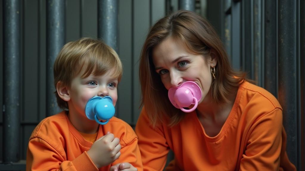 A mother and her 10 year old son sit in a jail cell. Both wear orange jumpsuits and oversized pacifiers. The boy has a blue pacifier. The mother has a pink pacifier. They look happy as the mother explains prison behavior rules. The son shows a drawing of himself behind bars.