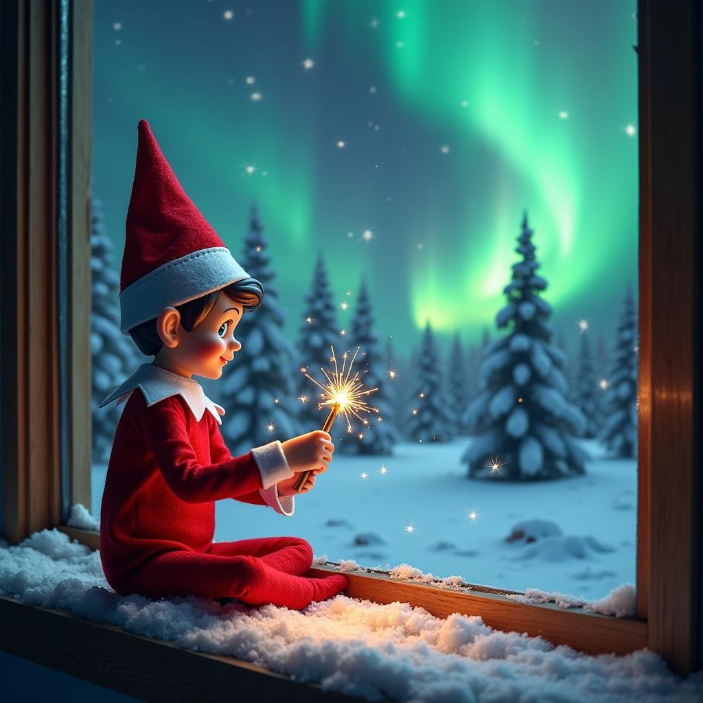 An adorable elf on the shelf sits on a window ledge. The elf is using a magical wand to create twinkling sparks. The elf looks up at the stunning northern lights. The background features snow-covered pine trees, embodying a winter wonderland. The elf wears a vibrant red outfit with white trim, capturing the Christmas spirit. The scene is illuminated by the enchanting colors of the aurora borealis, creating a magical ambiance.