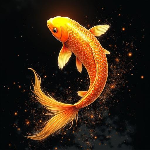 A glowing koi fish leaps from dark waters. Each scale features radiant golden swirls. Bold linework creates fluid motion. Light ripples symbolize hope.