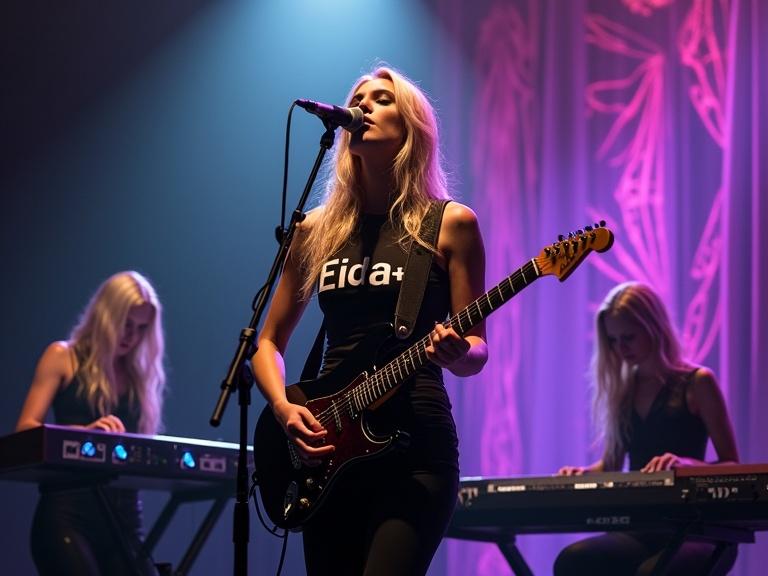 Highly detailed photorealistic image of live music performance. Beautiful blonde woman sings and plays black Fender Stratocaster guitar. Long golden hair styled with subtle waves. Tight-fitting black sleeveless top with artist name printed. Dramatic lighting contrasts emphasize features and guitar. Expression is intense and emotive. Two female musicians play synthesizers on either side. Dark stylish outfits complement the lead performer. Synths with glowing LED panels add futuristic touch. Minimalistic yet moody stage design with geometric patterns. The atmosphere is electric blending gothic aesthetics and high-energy techno music.