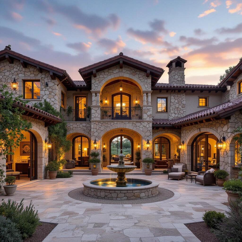 Design breathtaking rustic-style house. Grand luxurious architecture with natural stone and wood beams. Includes central courtyard with fountain, open terraces, and panoramic views. Surrounded by gardens and olive trees. Warm sunset lighting, photorealistic detail and shadows.