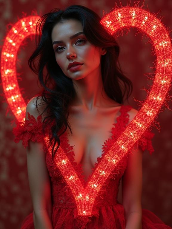 Hyperdetailed supermodel in red lace dress. Heart-shaped red lights in background. Soft warm lighting enhances features. Artistic representation in high resolution.