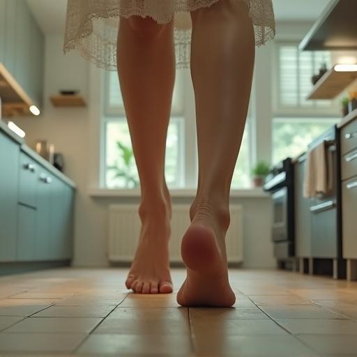 High-resolution scene of a giantess woman walking barefoot in a modern kitchen. Low ground perspective focuses on her large, detailed bare feet as she steps forward. Kitchen features counters, appliances, and utensils dwarfed by her size. Soft lighting enhances realistic textures on skin and kitchen surfaces, highlighting size contrast. Mood is surreal yet grounded with cinematic composition.