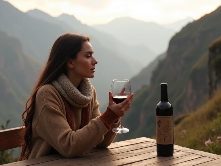A young woman enjoys red wine at a rustic wooden table. The setting is by a cliff in Ecuador's páramo highlands. The atmosphere is misty and serene. Native grasslands and distant mountains are visible. The woman wears warm clothing in earthy tones. A wine bottle rests on the table. Soft natural light creates a peaceful ambiance. The scene feels intimate and elegant.
