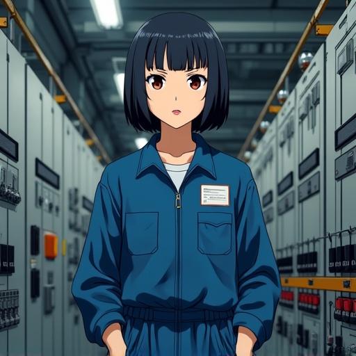 A Japanese female character depicted as an electrician in a factory setting. She has a bob haircut and wears a blue work jumpsuit. The background shows electrical cables and industrial equipment. The character’s expression is serious, and the image is highly detailed in an anime style.