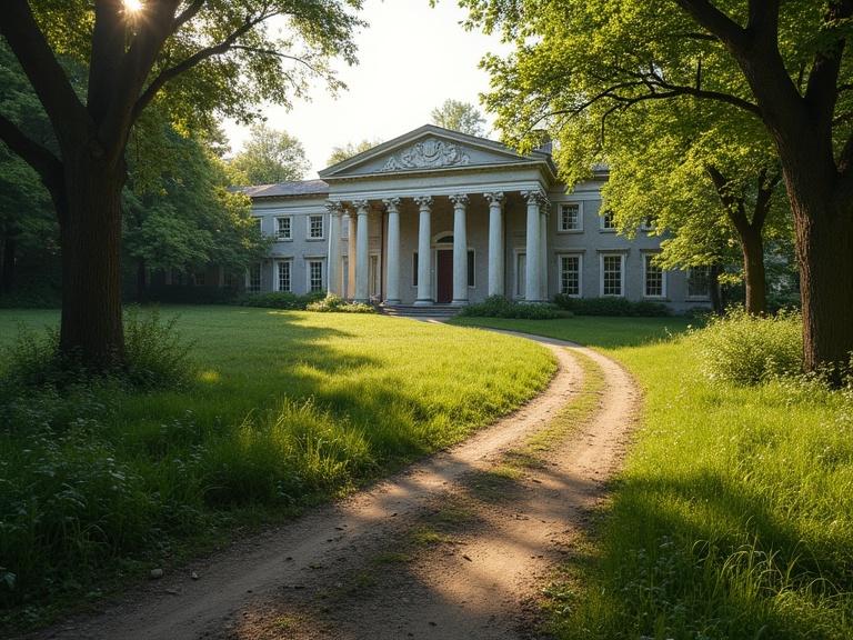 Dirt path leads to an abandoned neoclassical manor house. Afternoon, sunny day with lush vegetation, small creek beside the path.