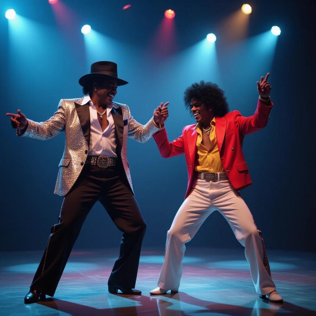 Dance performance featuring two individuals in vibrant 1970s disco attire under colorful stage lights. Energetic dance moves create a lively atmosphere. The scene captures vintage elements of disco culture.