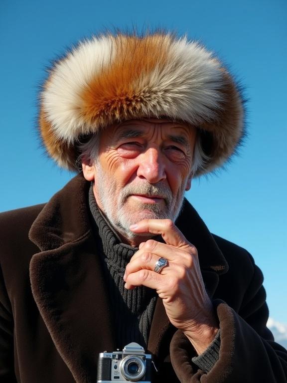 Photograph of elderly man with tanned skin and strong jawline wearing large fur-trimmed hat and dark velvet hat. Right hand raised touching chin. Left hand holding small camera. Background is bright blue sky. Man has thoughtful expression. Sunlight casts sharp shadows emphasizing textures.