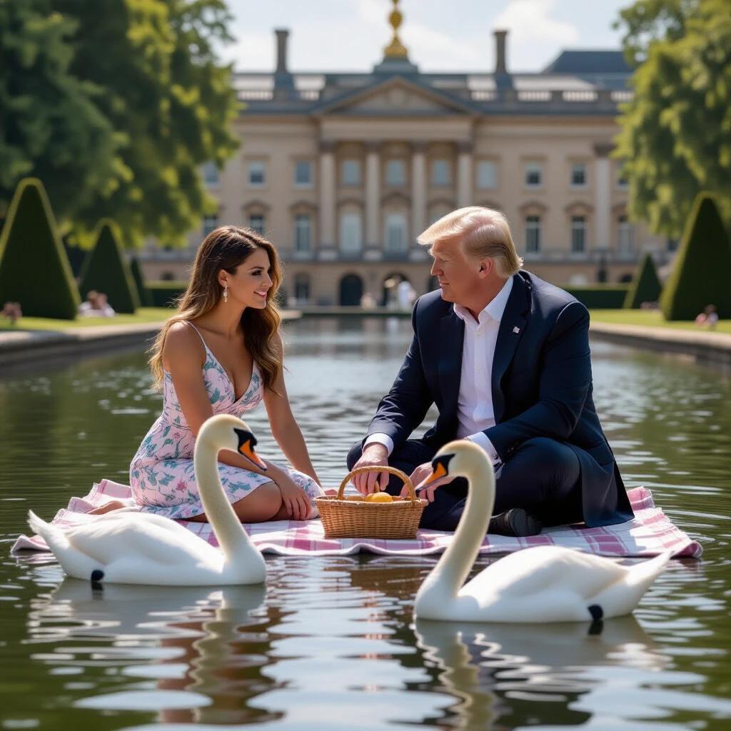 Picnic scene with Donald Trump. Setting in Buckingham Palace gardens. Two swans nearby. Relaxing and elegant atmosphere. Bright sunlight enhances the area.