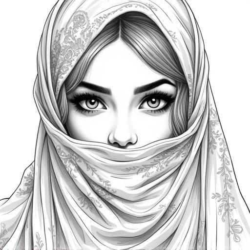 Intricate black and white line art of a woman with an ornate veil. Only her expressive eyes and part of her hair visible. The veil features rich patterns like paisley or floral. Clean lines with delicate shading for depth. All in greyscale.