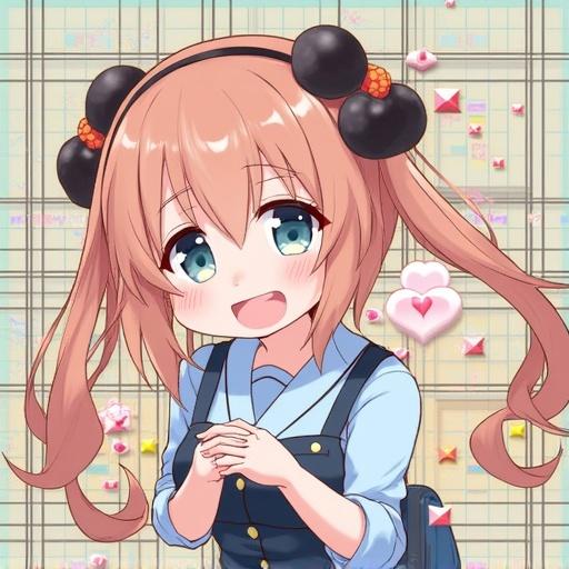 A cheerful Japanese girl in a school outfit smiling and holding her hands together. Bright colors and a playful background.
