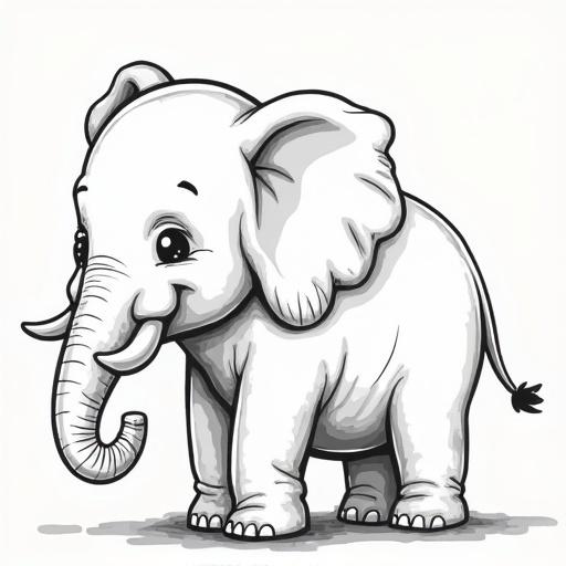 Drawing of a full body elephant in a side view. The elephant is depicted as cute with big expressive eyes and a smiling expression. It has large floppy ears and a curved trunk. The drawing uses a simple black and white color scheme.