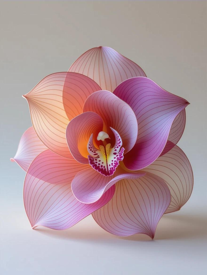 Delicate wire sculpture resembling an orchid. Overlapping velvety curves in shades of rose and mauve. Organic folds showcase textile art style. Soft lighting enhances the artwork's texture.