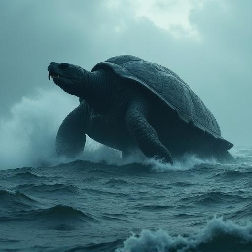A giant turtle monster rises from the ocean. The turtle has a thick, textured shell and two tusk teeth. Dark greyish blue color dominates the scene. Waves crash around it. The atmosphere is misty and cloudy. The composition features movement with foam and water splashing everywhere.