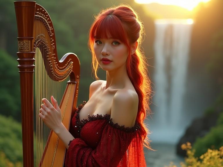 Female musician in a beautiful landscape holding a harp. Wearing luxurious red and black dress. Red hair in a ponytail with bangs. Elegant details in attire. Heavenly atmosphere with greenery and waterfall. Flirty expression and high-definition eyes.