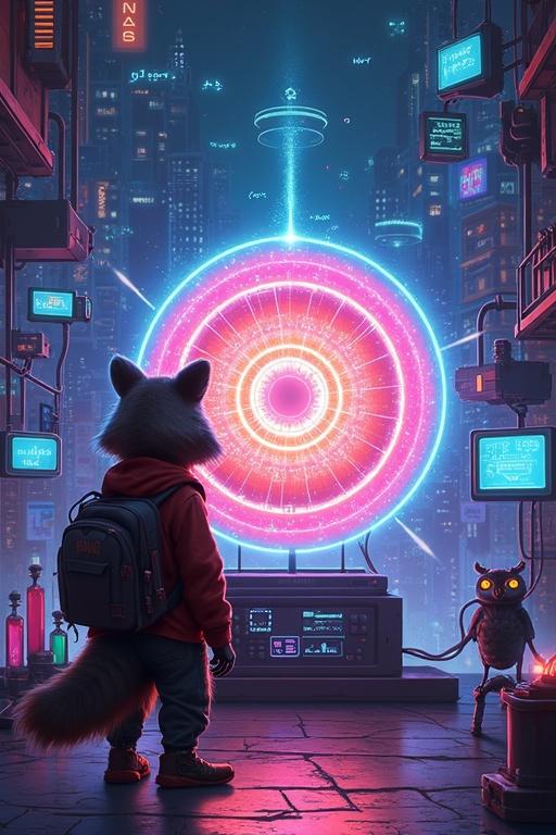 A raccoon engineer in a cyber den stands before a glowing spherical quantum reactor. Neon cityscape shines in the background with screens displaying equations. Fluorescent liquid tubes surround the scene. An owl-like robot assistant is present.