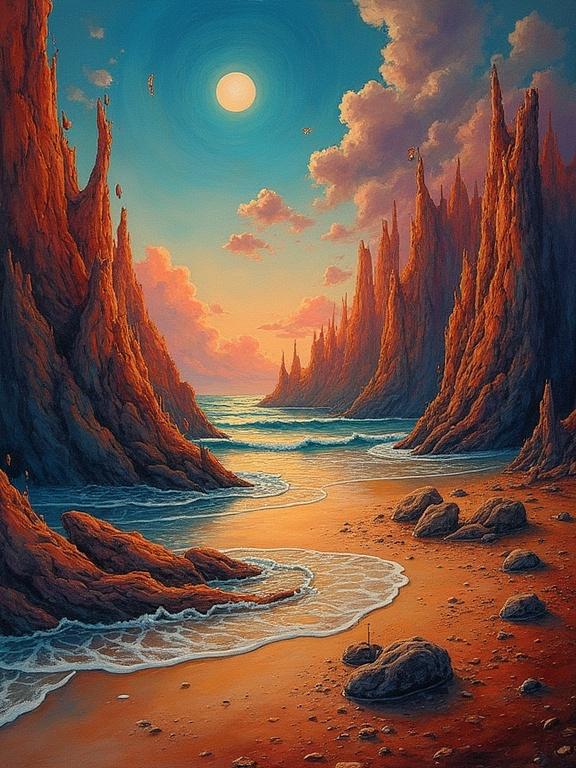 A surrealist landscape inspired by Salvador Dali. Features a vibrant sunset over rocky formations. Soft gradient colors blend harmoniously. Shows intricate details and textures. Possesses an ethereal and dream-like quality.