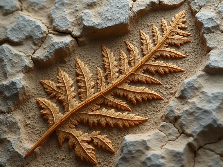 Extreme close-up of fossilized fern in ancient rock. Intricate leaf patterns and delicate veins. Rugged stone texture with natural cracks. Earthy tones. Scientific illustration style. High detail macro photography.