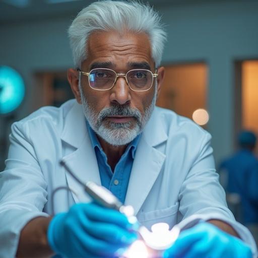 An Indian plastic surgeon with white hair and golden-rimmed glasses wears a white doctor's coat. Present on the left side at full height. Background is a blurred operation theatre with a blue-orange gradient. Mood is inspiring and professional. Main subject has vibrant colors. Additional elements include a laser device, scalpel, and infographic chart. Text overlay reads 'Tattoo Removal Options'.
