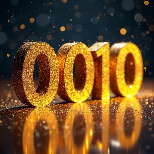 Imagen de un décimo de Navidad de loterías mostrando el número 0010 brillando en oro. Fondo con destellos de luces doradas.